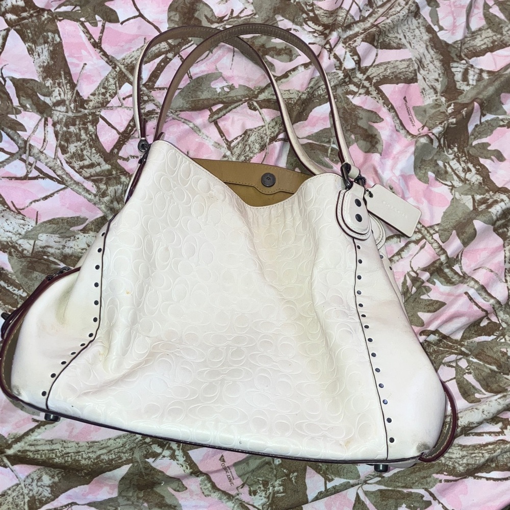 Coach Cream/White Signature Embossed Leather Tote